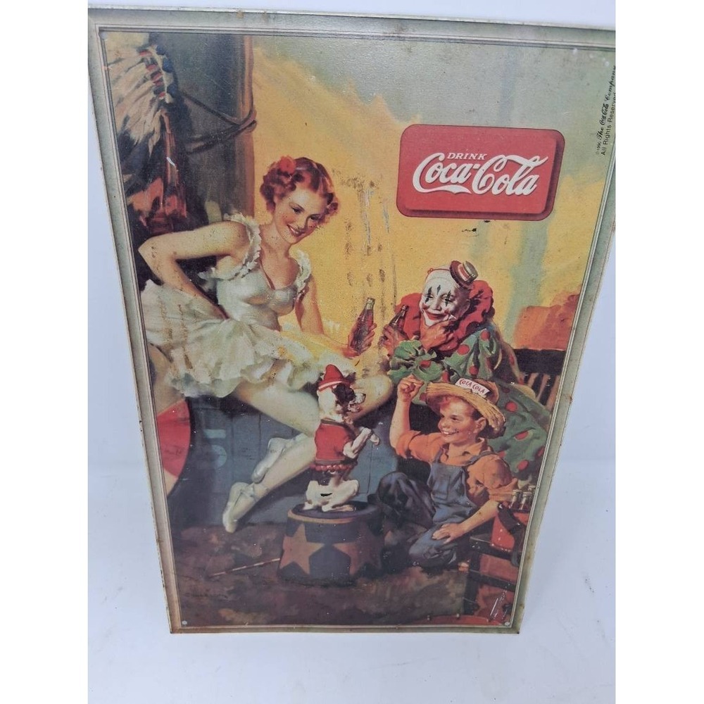 VTG 90s Coca-Cola Tin Sign Clown Pin-Up Ballerina Boy Dog Metal Wall Art 13" S